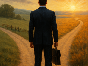 Image of a leader standing at a crossroads with paths diverging into different landscapes—one familiar and well-worn, the other leading toward an inspiring but uncertain horizon.