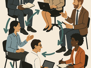 A diverse group of professionals in a circle, each teaching and learning from others, with arrows showing multidirectional knowledge flow.