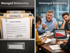 A split visual contrasting a signed contract filed in a drawer versus an active vendor performance meeting — managed vs. unmanaged relationships.