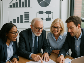 Multi-generational leadership team collaborating on strategic planning.