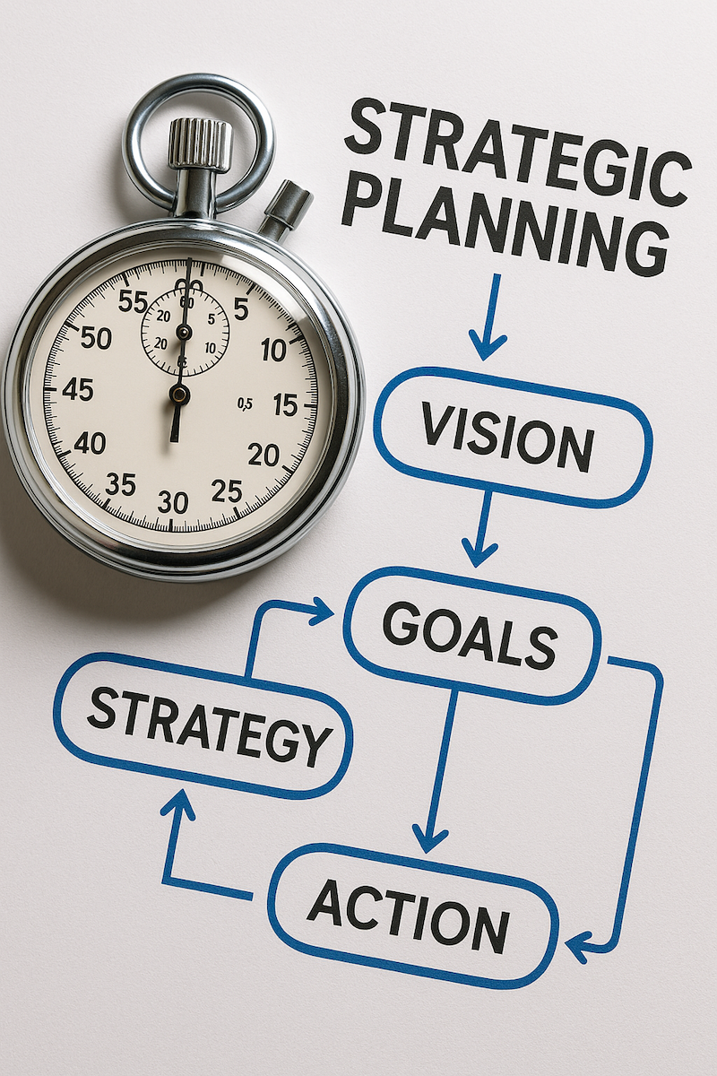 A stopwatch overlaying a strategic planning chart.