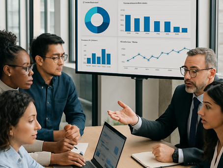 Diverse professional team collaborating with consultants around workforce analytics dashboard in a modern office.