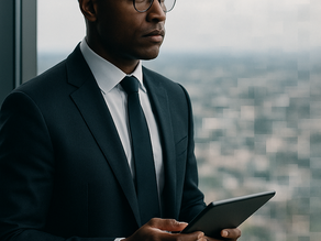 A leader standing at a large, modern window overlooking a cityscape, holding a tablet. The leader is sharp and focused, but the background scene is slightly blurred.