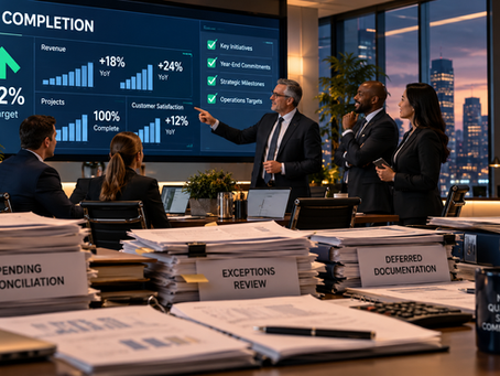 Executives reviewing strong Q4 results while deferred process work and exception records illustrate the hidden operational cost carried into January.