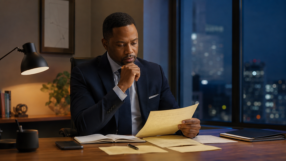 An executive alone at a desk in the evening, reviewing notes or messages before the next day's follow-up.
