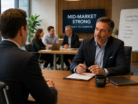 A senior executive interviewing a candidate across a conference table with a collaborative leadership team visible in the background.