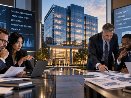Two separate groups of executives in a glass-walled boardroom review financial performance and acquisition-opportunity data on screens, split by a glowing office tower at dusk.