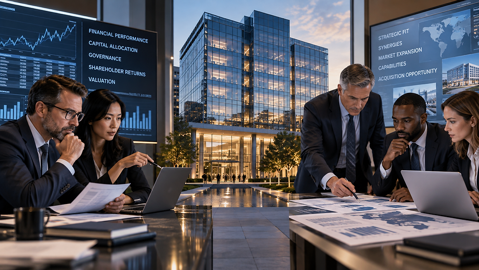 Two separate groups of executives in a glass-walled boardroom review financial performance and acquisition-opportunity data on screens, split by a glowing office tower at dusk.