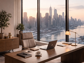 A sophisticated executive workspace overlooking a city skyline at dawn, suggesting the quiet early January planning window.