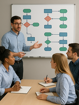 Meeting of business colleagues seated at table with one person standing at screen presenting flow charts.