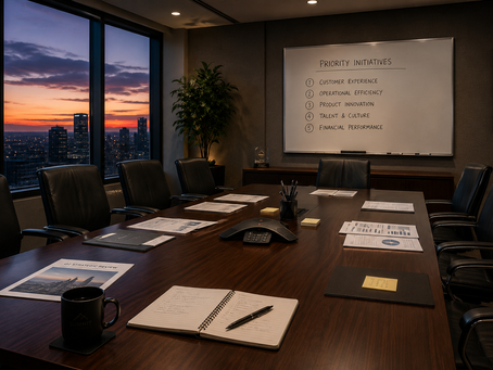 A boardroom at dusk — empty chairs, documents spread across the table, a whiteboard showing a ranked priority list — suggesting the meeting that hasn't happened yet.