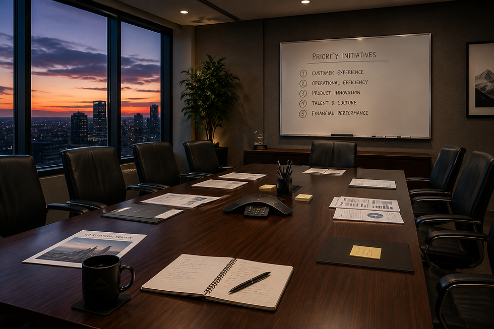 A boardroom at dusk — empty chairs, documents spread across the table, a whiteboard showing a ranked priority list — suggesting the meeting that hasn't happened yet.