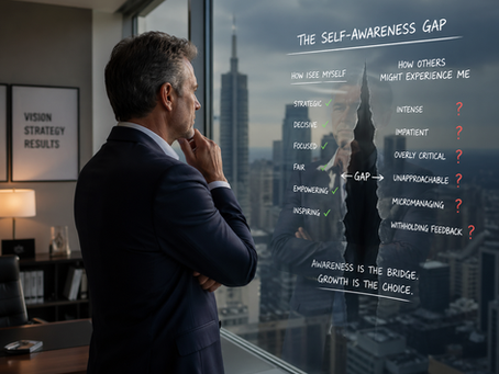 An executive pausing in reflection at a glass office window — the self-awareness gap.
