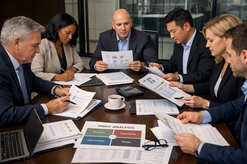 A well-dressed and diverse executive team seated around a conference table reviewing documents and frameworks before a deal.