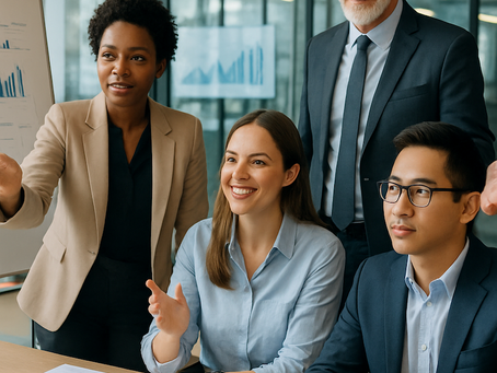 A professional photograph showing a senior executive standing slightly behind and to the side of a diverse group of emerging leaders who are confidently leading a discussion or presenting ideas at a conference table.