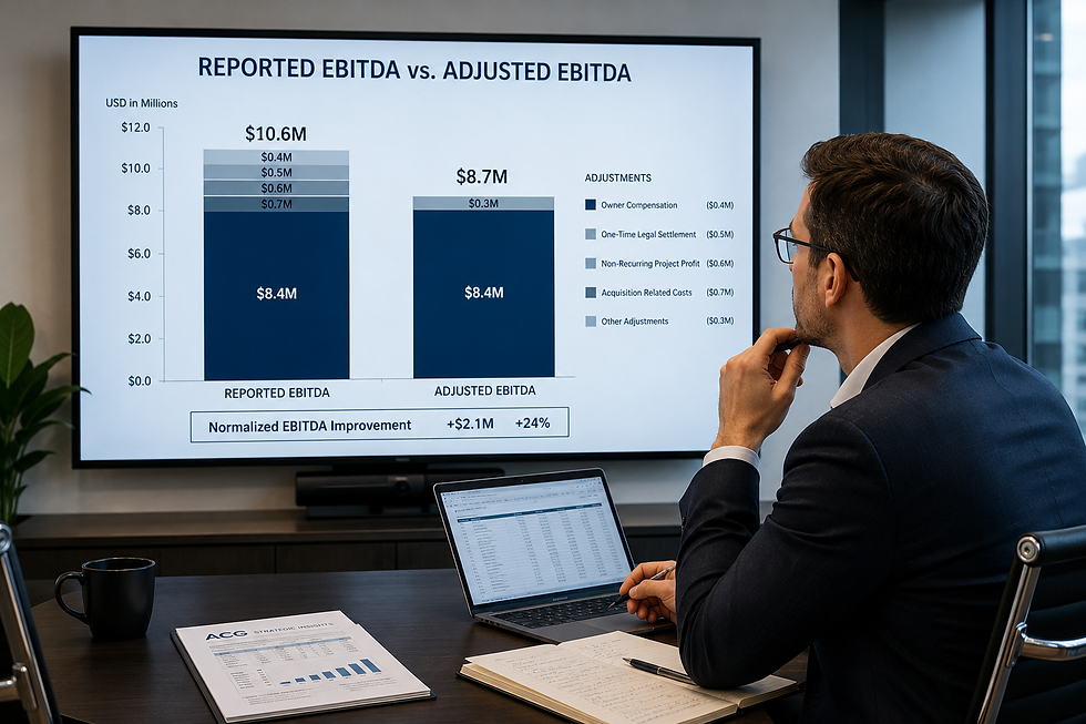  A financial analyst reviewing a layered bar chart comparing reported EBITDA versus adjusted EBITDA on a conference room monitor.