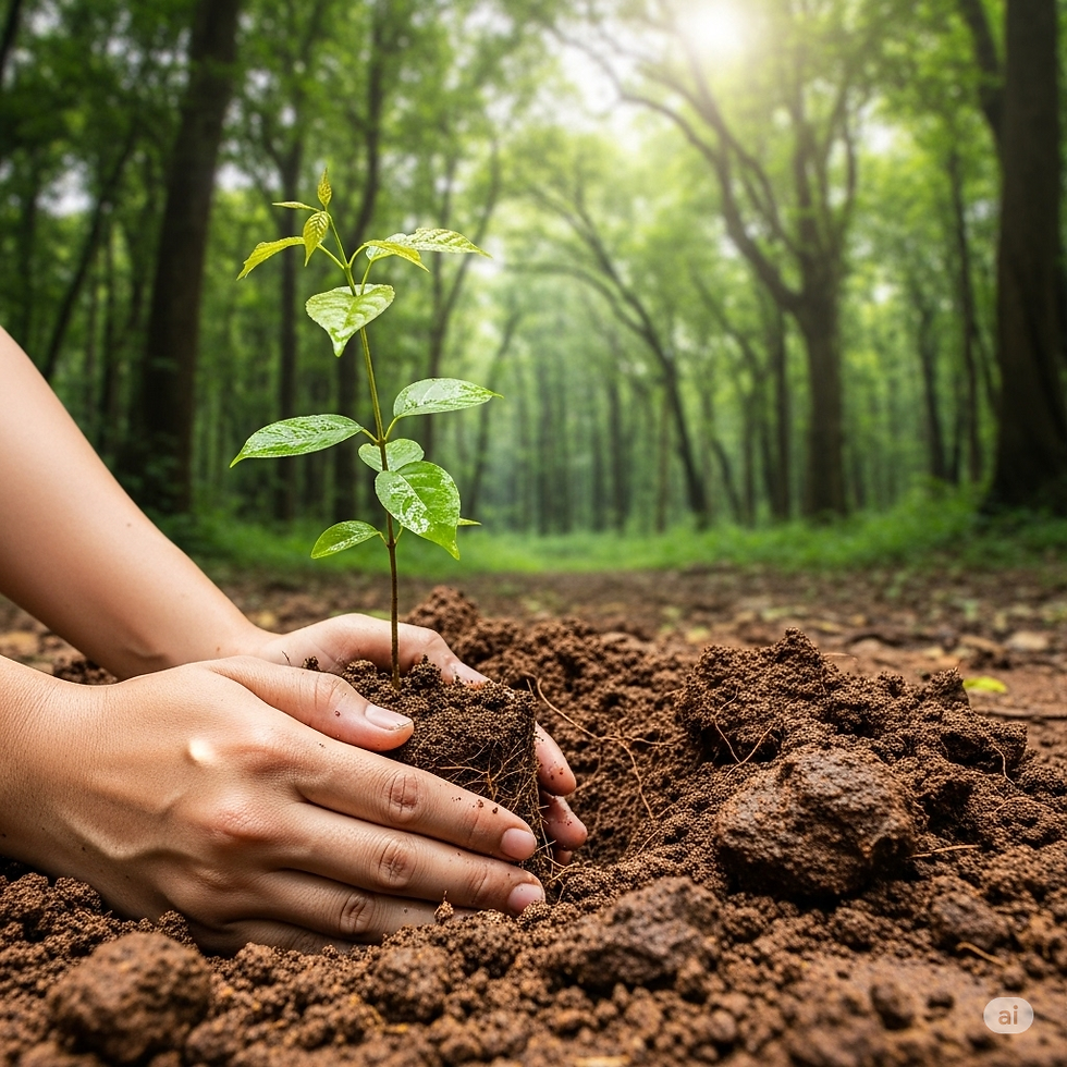 Hands planting a small tree in fertile soil, with a flourishing forest in the background.