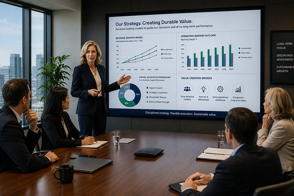 A boardroom discussion with a CFO presenting forward-looking strategy models rather than financial statements.