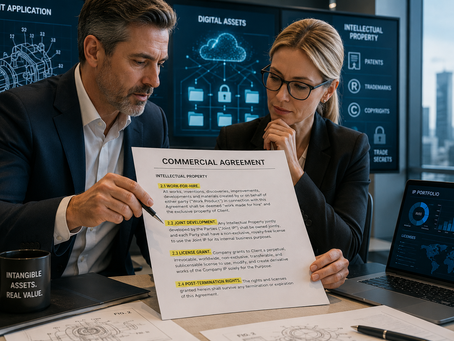 Two executives reviewing a commercial agreement with selected intellectual property clauses highlighted while patent drawings and digital assets appear in the background.