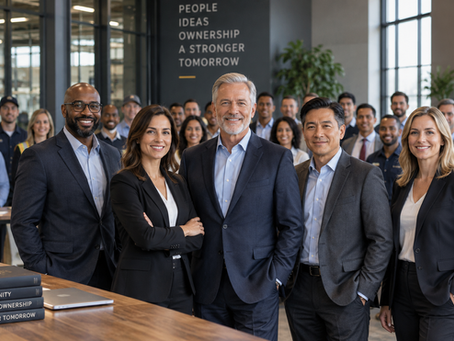 A mature business owner standing beside a management team while a broader cross-section of employees is visible in the background, conveying an orderly transition from concentrated ownership toward shared economic participation.