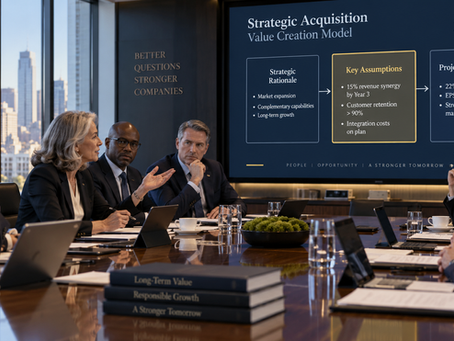 The Assumption Under Review — A sophisticated board meeting immediately before a consequential vote. One director is questioning an assumption displayed within a strategic decision model while the executive team listens attentively. The atmosphere conveys thoughtful tension rather than confrontation.