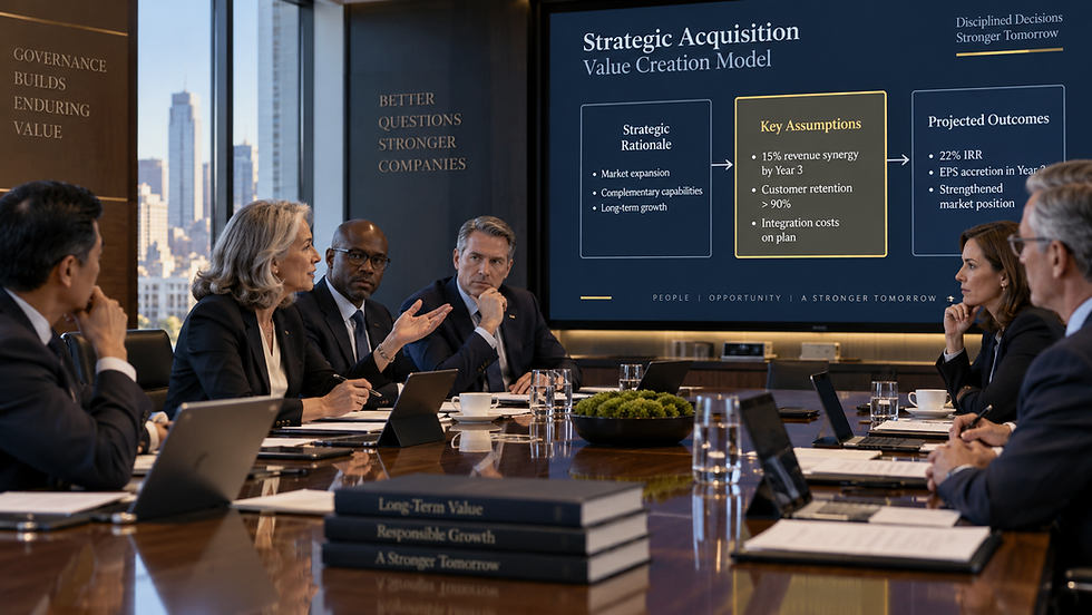 The Assumption Under Review — A sophisticated board meeting immediately before a consequential vote. One director is questioning an assumption displayed within a strategic decision model while the executive team listens attentively. The atmosphere conveys thoughtful tension rather than confrontation.