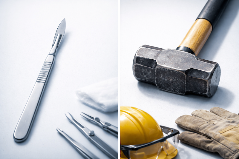 A split-image of a scalpel on the left side vs a sledgehammer on the right, symbolizing precision cuts versus blunt-force austerity.