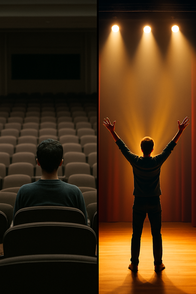 A split-screen image showing two contrasting scenes: on the left, a person sitting in a seat in an empty auditorium observing from a distance (representing "auditing life"), and on the right, the same person standing center stage with arms raised confidently under bright lights (representing "full enrollment").