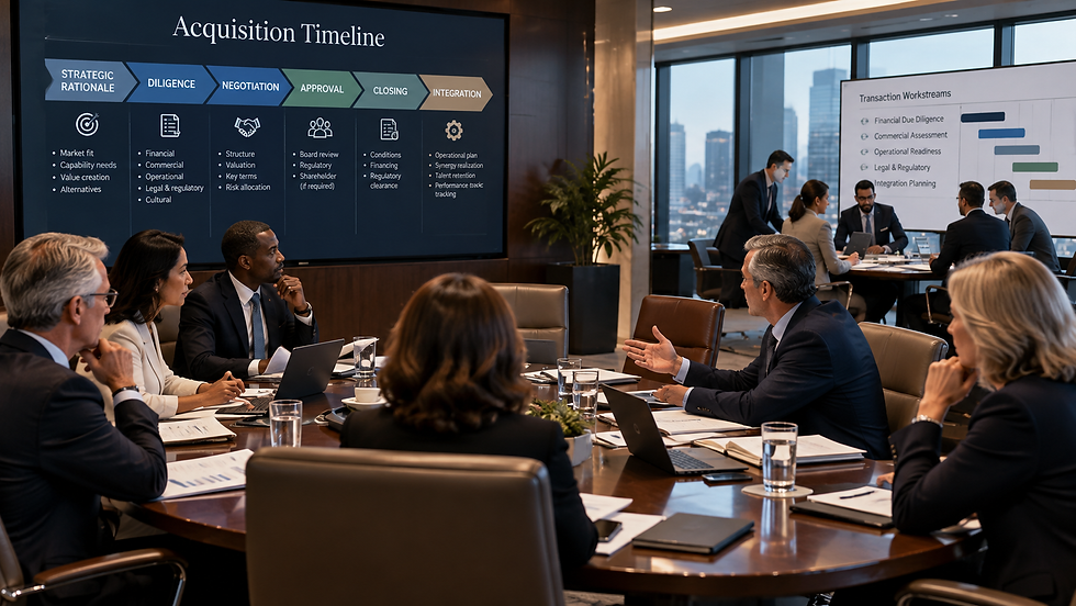 A globally representative board reviews an acquisition timeline while management and advisors work separately, illustrating active M&A oversight without operational interference.