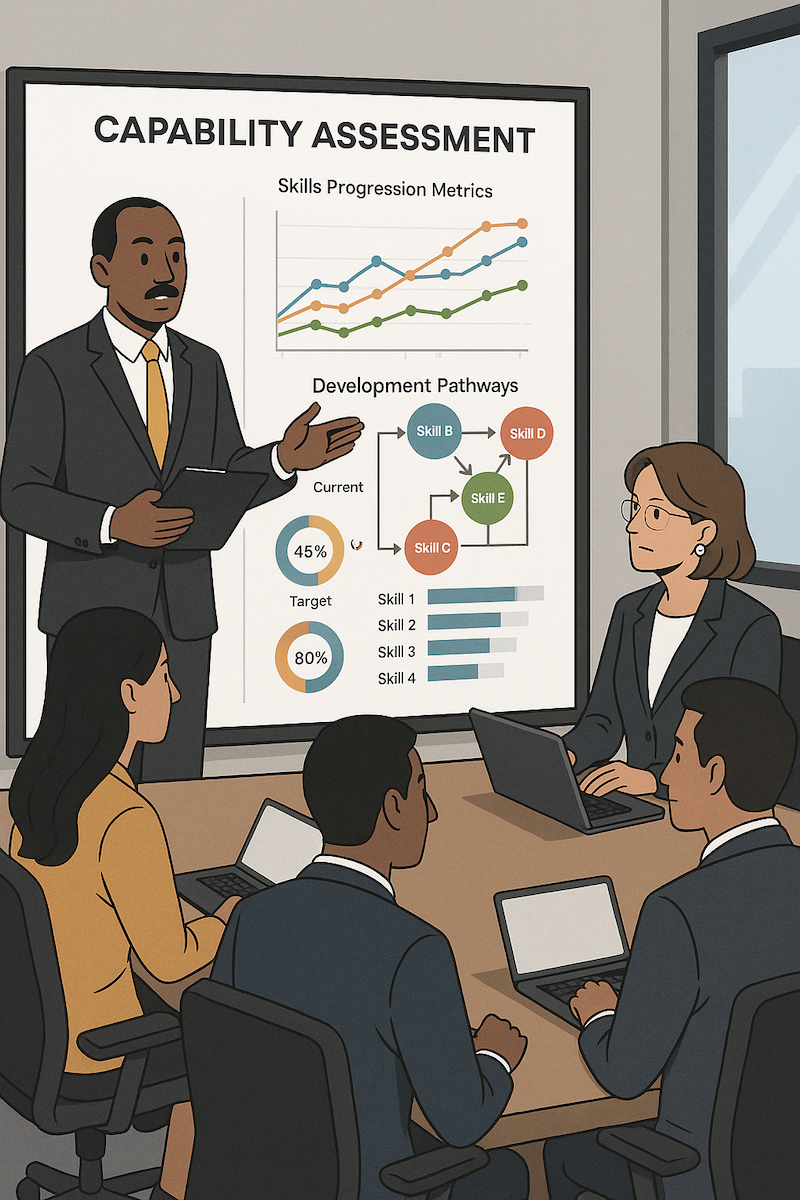Capability assessment dashboard showing skills progression metrics and development pathways with consultant presenting analysis to executive team