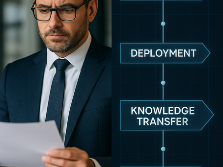 A professional split-screen composition showing a confident executive in business attire reviewing strategic documents on the left side, with a digital project timeline displaying phases like "Assessment," "Deployment," "Knowledge Transfer," and "Transition" on the right side.