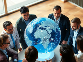 A diverse group of global professionals collaborating around a digital globe hologram showing connected knowledge nodes across continents.