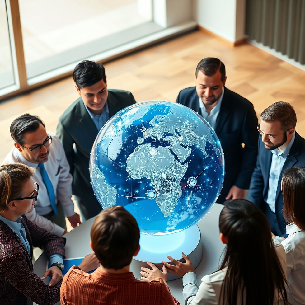 A diverse group of global professionals collaborating around a digital globe hologram showing connected knowledge nodes across continents.