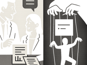 A split-screen visual showing two contrasting scenes: on one side, a leader and team member in transparent dialogue with visible information/documents between them (representing ethical influence); on the other side, shadowy figures with hidden information and puppet strings (representing manipulation).
