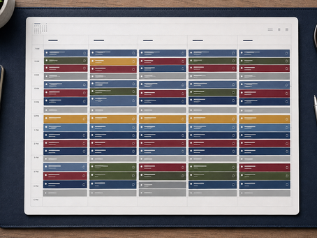 An overhead shot of a densely color-blocked executive calendar, most hours filled with recurring meetings