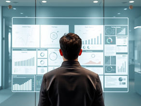 A leader standing before a large glass board with diagrams and data.