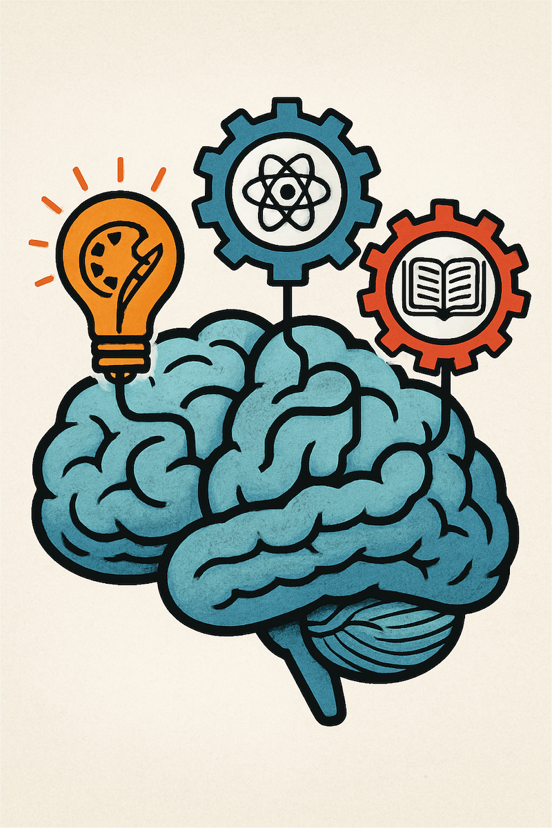 A conceptual image showing a brain with different-colored gears or light bulbs representing art, science, and history, all interconnected and working in harmony.