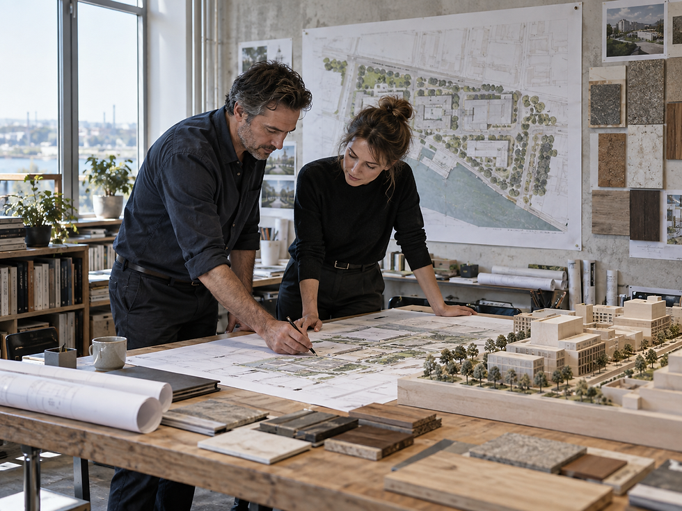 Development team reviewing an architectural model and site plans