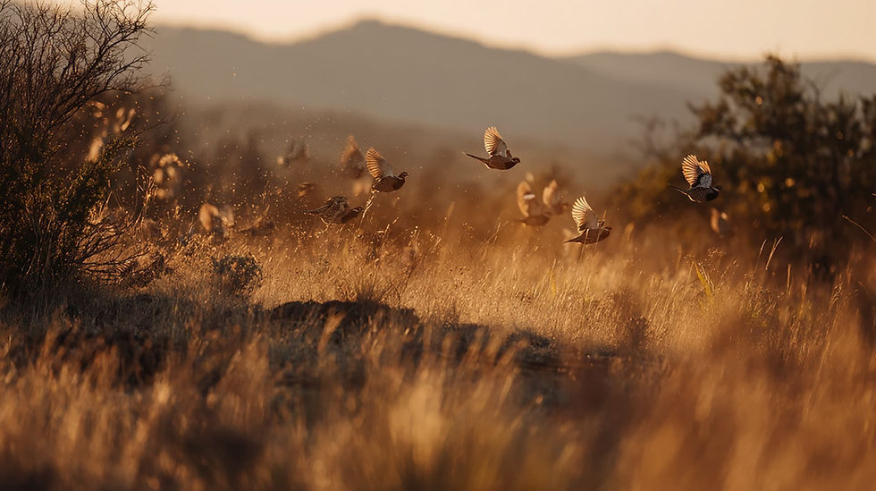 Covey of quail flushing from tall grass in the Texas Hill Country at sunrise.