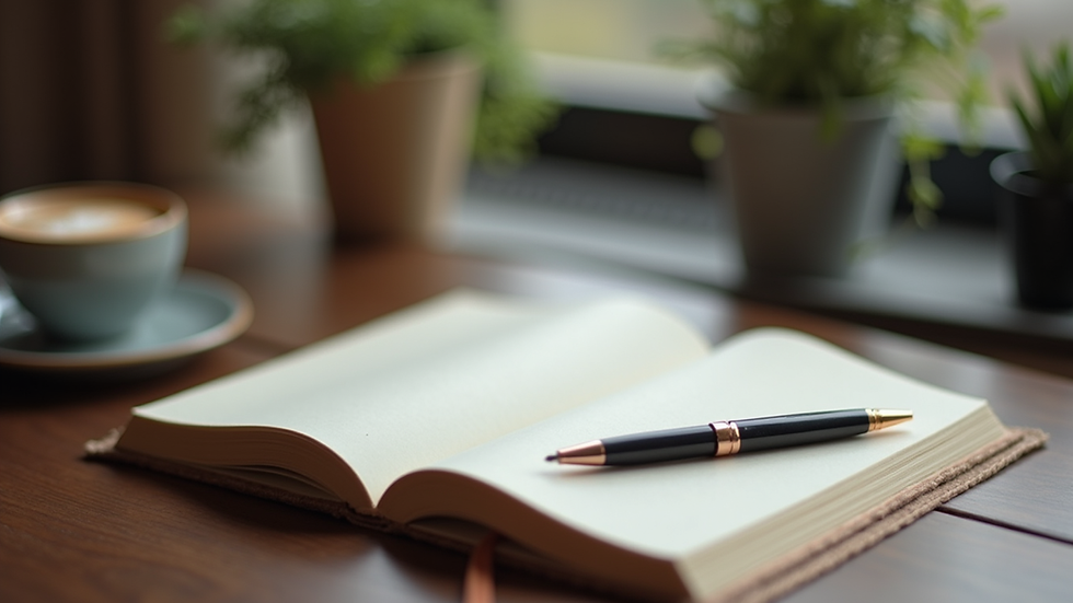Close-up view of a journal and pen on a cozy table