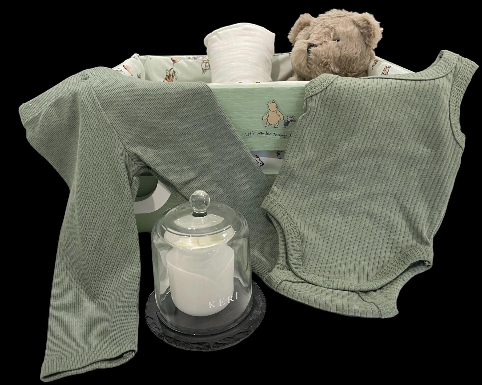 Winnie the Pooh in Bryophate green baby gift crate
