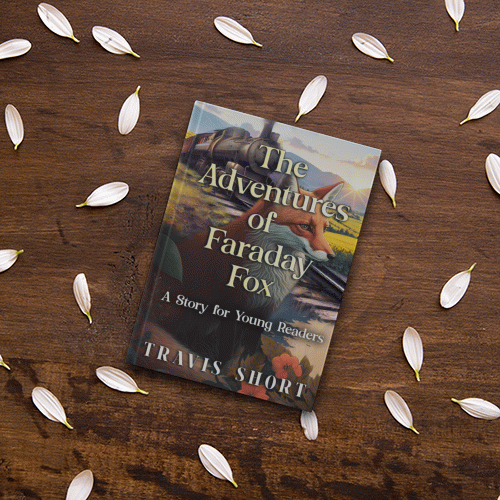 Book "The Adventures of Faraday Fox" by Travis Short on a wood table with flower petals
