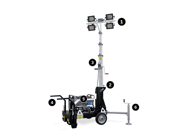 Technical specifications of the Italtower Pegaso EVO HT-L light tower, a compact and lightweight light tower, with manual towing trolley and removable petrol generator, perfect for quick interventions and reduced spaces.