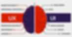 An infographic using a brain analogy to show the difference between UX and UI. The left brain hemisphere is labeled UX and points to strategic concepts like User Research and Wireframes. The right brain hemisphere is labeled UI and points to visual elements like Color, Layouts, and Typography.