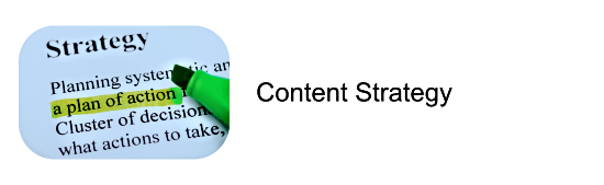 A close-up of a document titled "Strategy" where a bright green highlighter has marked the phrase "a plan of action." Text to the right reads "Content Strategy."