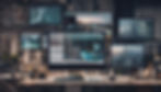 A digital marketing workspace with multiple screens displaying analytics dashboards and content work, representing a data-driven strategy.