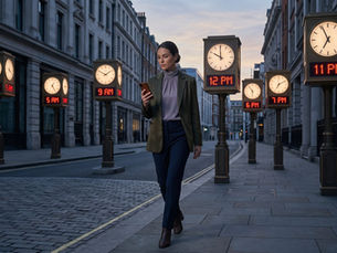 Woman checking her phone on a city street at dusk, walking past a row of street clocks showing different times: 3 AM, 5 AM, 9 AM, 12 PM, 6 PM, 7 PM and 11 PM, each one a published best time to post on Instagram