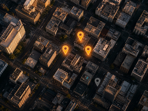 Aerial city map with three glowing Google Maps pins in the local pack and one faded pin outside - local SEO ranking signals 2026