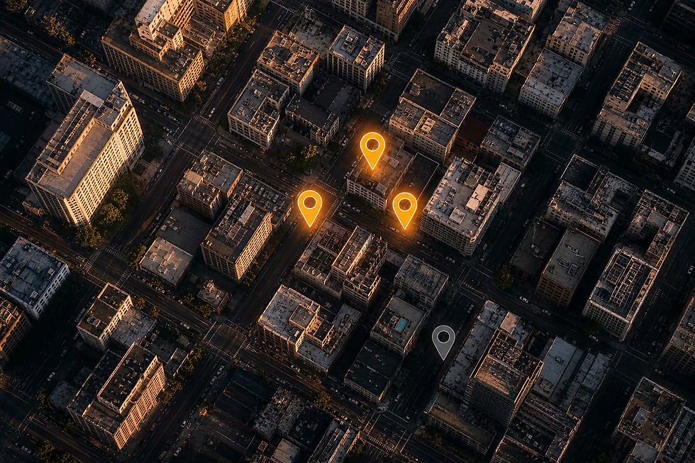 Aerial city map with three glowing Google Maps pins in the local pack and one faded pin outside - local SEO ranking signals 2026