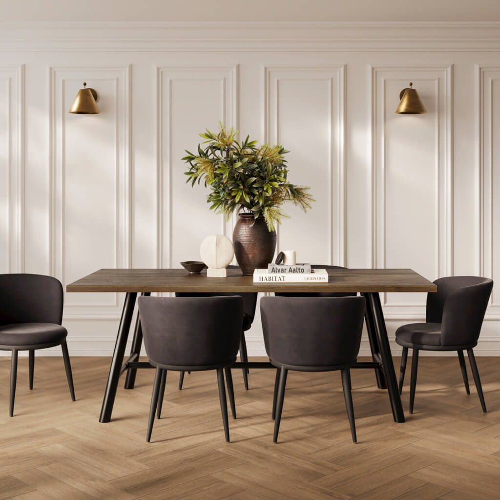 Louie Coffee Dining Table with 6 Nova Black Dining Chairs